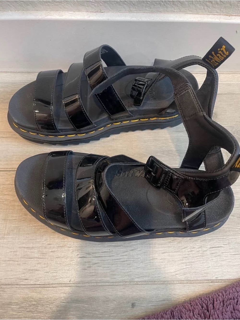 Blair Kids Black Patent Strappy Sandals with Yellow Stitch Detail